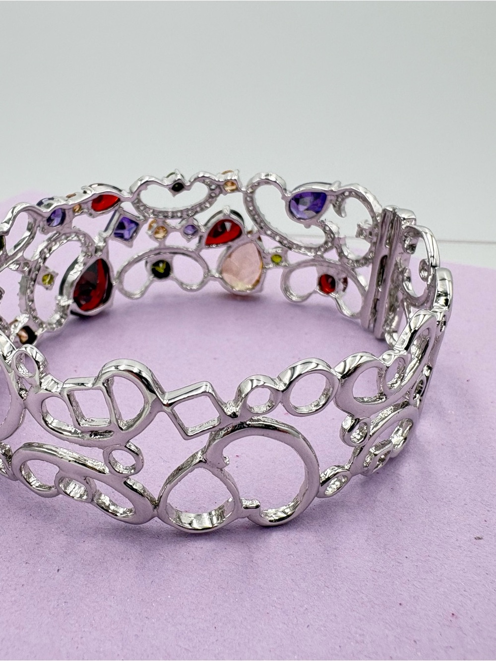 New Sterling Silver 925 Multicolor Pave Crystal Statement Cuff Bracelet - Picture 6 of 16
